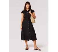 Apricot Linen Blend Belted Shirt Midi Dress In Black Black 8