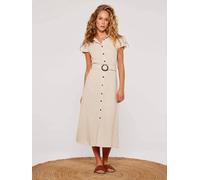 Apricot Linen Blend Belted Shirt Midi Dress In Stone Stone 8