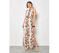 Apricot Maxi Halter Neck Stripe Leaf Dress, Cream, Size Xxl, Women Cream