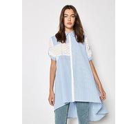 Apricot Mix Match Embroidered Stripe Hi Low Shirt, Blue, Size M, Women Blue