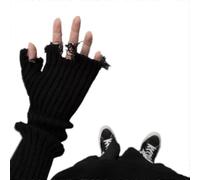 (apricot, One size) Punk Tattered Hand Gloves Stretchy Elbow Length Mittens Long Fingerless Sleeves Arm Warmer Sleeve Knit Arm Sleeves Black