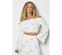 Apricot Women's Paisley Embroidery Linen Blend Bardot Crop Top in White | Size: 16 Apricot White 16