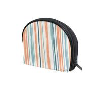 Apricot Pale Blue Stripe Pattern Half Moon Toiletry Bag Essentials Large Cosmetic Bags Women's Coin Purse Wallet for Toiletry Travel Kit Organizer