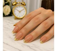 Apricot Pink Gradient French Tip False Nails with Gold Borders - 24pcs Long Stiletto Almond Shape Full Cover Acrylic Nail Extensions for Women, Easy Application and Removal, Natural Look Fingernails