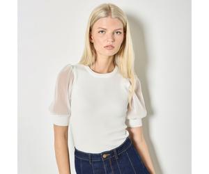 Apricot Plisse Sleeve Rib Knit Top WHITE 2XL