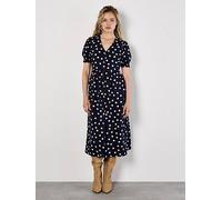 Apricot Polka Dot Button-down Midi Dress, Navy, Size Xs, Women Navy