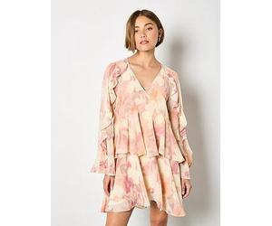 Apricot Printed Ruffle Baby Doll Dress, Pink, Size M, Women Pink
