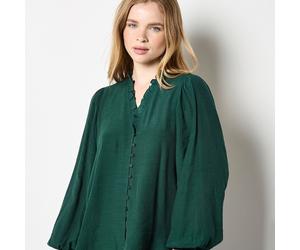 Apricot Ruffle Neck Smocked Cuff Boho Blouse GREEN EXTRA SMALL