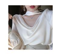 (APRICOT, S) Elegant Temperament Lacing All-match Satin Shirts Women Spring Summer Simplicity Office Lady Solid Color V-neck Long Sleeve Tops