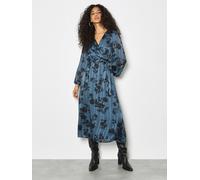 Apricot Satin Shimmer Floral Wrap Midaxi Dress In Blue Blue 14