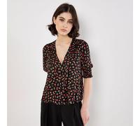 Apricot Scattered Ditsy Top with Smock Detail Sleeve BURGUNDY 2XL