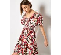 Apricot Smocked Ikat Floral Cotton Drs, Pink, Size S, Women Pink