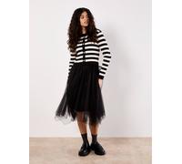 Apricot Stripe Knit Bodice Tulle Midi Dress In Black Black