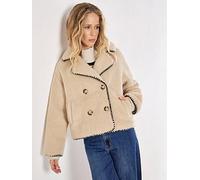 Apricot Teddy Blanket Stitch Edge Jacket, Beige, Size M, Women Beige