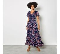 Apricot Tiered Leaf Print Midi Dress BLUE EXTRA SMALL