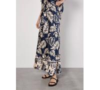 Apricot Tropical Leaf Print Satin Wide Leg Trousers In Navy Navy 8
