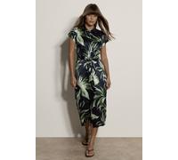 Apricot Tropical Leaf Satin Shirt Midi Dress In Navy Navy