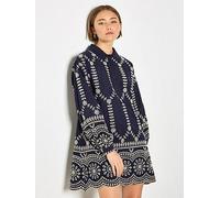 Apricot Two tone Broderie Swing Shirt Dress, Blue, Size L, Women Blue