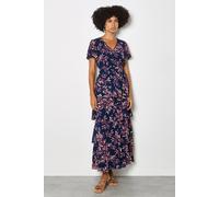 Apricot Women's Watercolour Leaves Chiffon Tiered Maxi Dress in Navy | Size: 14