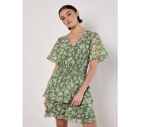 Apricot Watercolour Rose Tiered Mini Dress In Green Green