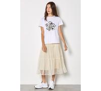 Apricot Women's Bow Tiered Mesh Midi Skirt in Stone | Size: 16