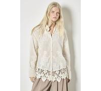 Apricot Embroidered Mesh Lace Edge Oversized Shirt, Cream, Size M, Women Cream