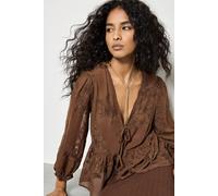 Apricot Embroidered Chiffon Peplum Top, Brown, Size S, Women Brown