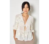 Apricot Embroidered Chiffon Peplum Top, Cream, Size S, Women Cream