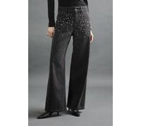Apricot Women's Faux Pearl Rhinestone Wide-Leg Jeans in Black | Size: 28R