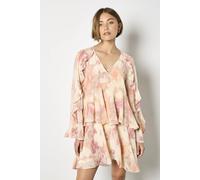 Apricot Printed Ruffle Baby Doll Dress, Pink, Size M, Women Pink