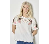 Apricot Women's Floral Embroidered Ruffle Sleeve Cotton Top in White | Size: 14