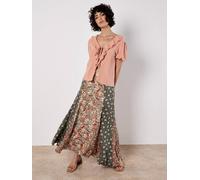 Apricot Women's Floral Patchwork Print Midi Skirt in Khaki | Size: 14