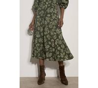 Apricot Women's Folk Floral A-Line Midi Skirt in Dark Green | Size: 18