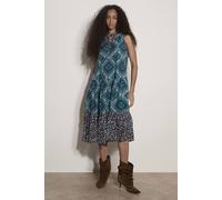 Apricot Women's Geometric Patchwork Tiered Midi Dress in Teal | Size: 12