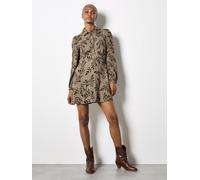 Apricot Women's Leaf Print Shirt Mini Dress in Khaki | Size: 14