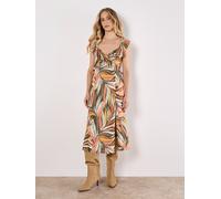 Apricot Women's Palm Print Ruffle Midi Dress in Khaki | Size: 14 Apricot Khaki 14