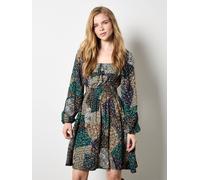 Apricot Women's Patchwork Print Boho Mini Dress in Khaki | Size: 10 Apricot Khaki 10