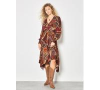 Apricot Women's Patchwork Print Hanky Hem Midaxi Dress in Burgundy | Size: 10 Apricot Burgundy 10