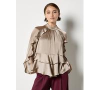 Apricot Women's Ruffle Crinkle Satin Top in Stone | Size: 12
