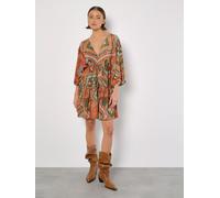 Apricot Women's Satin Scarf Print Kaftan Mini Dress in Khaki | Size: 16 Apricot Khaki 16