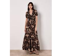 Apricot Scarf Print Smocked Maxi Dress In Black