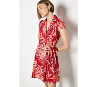 Apricot Women's Tropical Leaf Linen-Blend Shirt Mini Dress in Red | Size: 14
