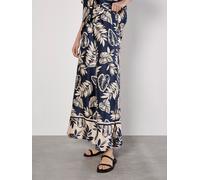 Tropical Leaf Print Satin Wide Leg Trousers Apricot Navy 18