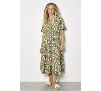 Apricot Women's Tropical Leaf Zip-Down Midi Dress in Khaki | Size: 12