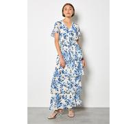 Apricot Women's Watercolour Leaves Chiffon Tiered Maxi Dress in Blue | Size: 10
