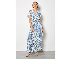 Apricot Women's Watercolour Leaves Chiffon Tiered Maxi Dress in Blue | Size: 10