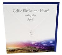 April Birthstone Silver Heart Necklace | Sterling Silver Celtic Heart Pendant with Diamond White Crystal | Handmade Jewellery Gift Card | Blank Greeting Card with Envelope
