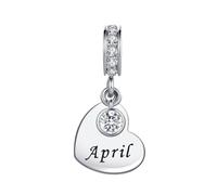 April Clear Cubic Zirconia Birthstone Heart Dangle Charm Compatible with Pandora Charms Bracelets