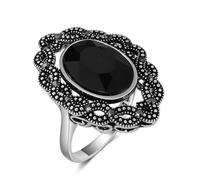 Aprilery Black Retro Marcasite Rings for Women, Fashion Cocktail Statement Rings Costume Vintage Crystal Big Onyx Stone Rings Jewelry for Her, Metal, Cubic Zirconia