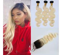 Aprilhair Pre Plucked 3 Bundles Lace Closure Ombre Dark Root 1B/613 Platinum Blonde Two Tone Unprocessed Brazilian Virgin Human Hair Body Wave with Baby Hair